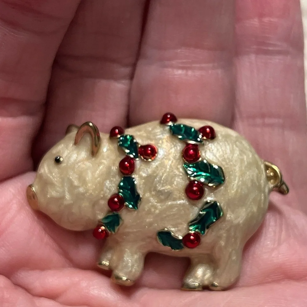 Vintage Festive Enamel Pig Brooch with Holiday Accents Gold Tone